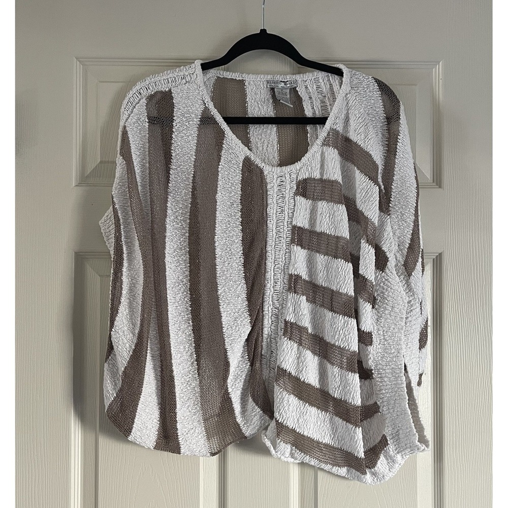 Alberto Makali Women's M Striped Open Knit Top Boho Dolman White Taupe Oversized